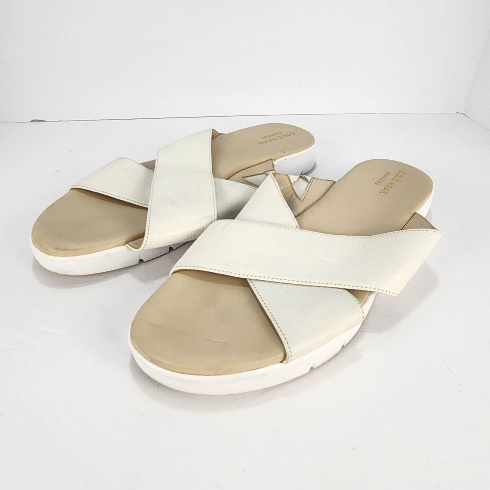 Cole‎ Haan Women's Dressy White Leather Slip-On Flat Sandals Size 9.5B